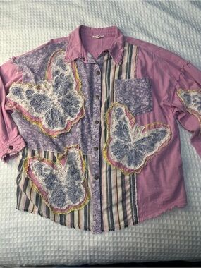 Women’s Pink Patchwork Butterfly Jean Shirt Jacket